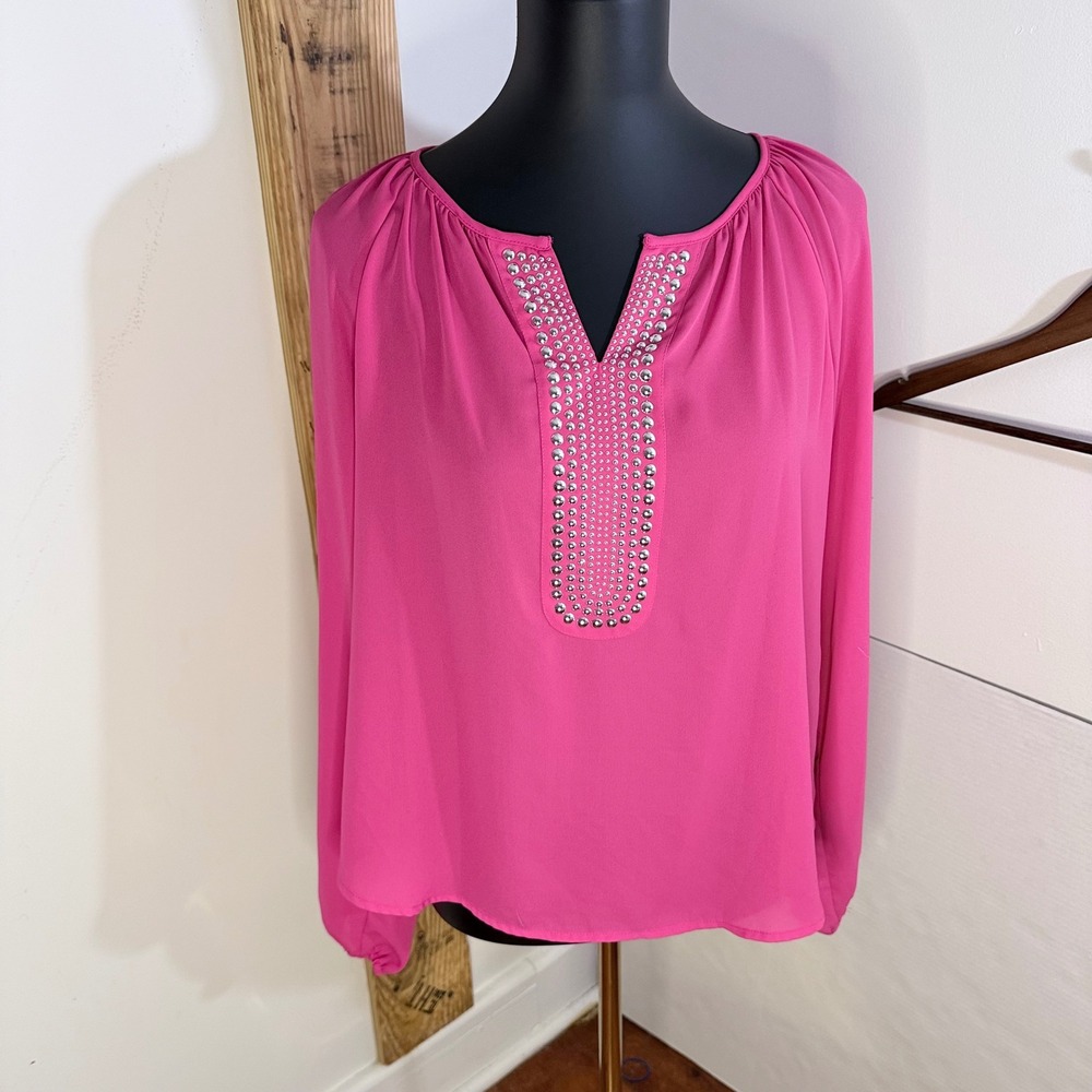 Alfani Petite Blouse Womens 12P Pink Studded‎ Split Neck Long Sleeve Top